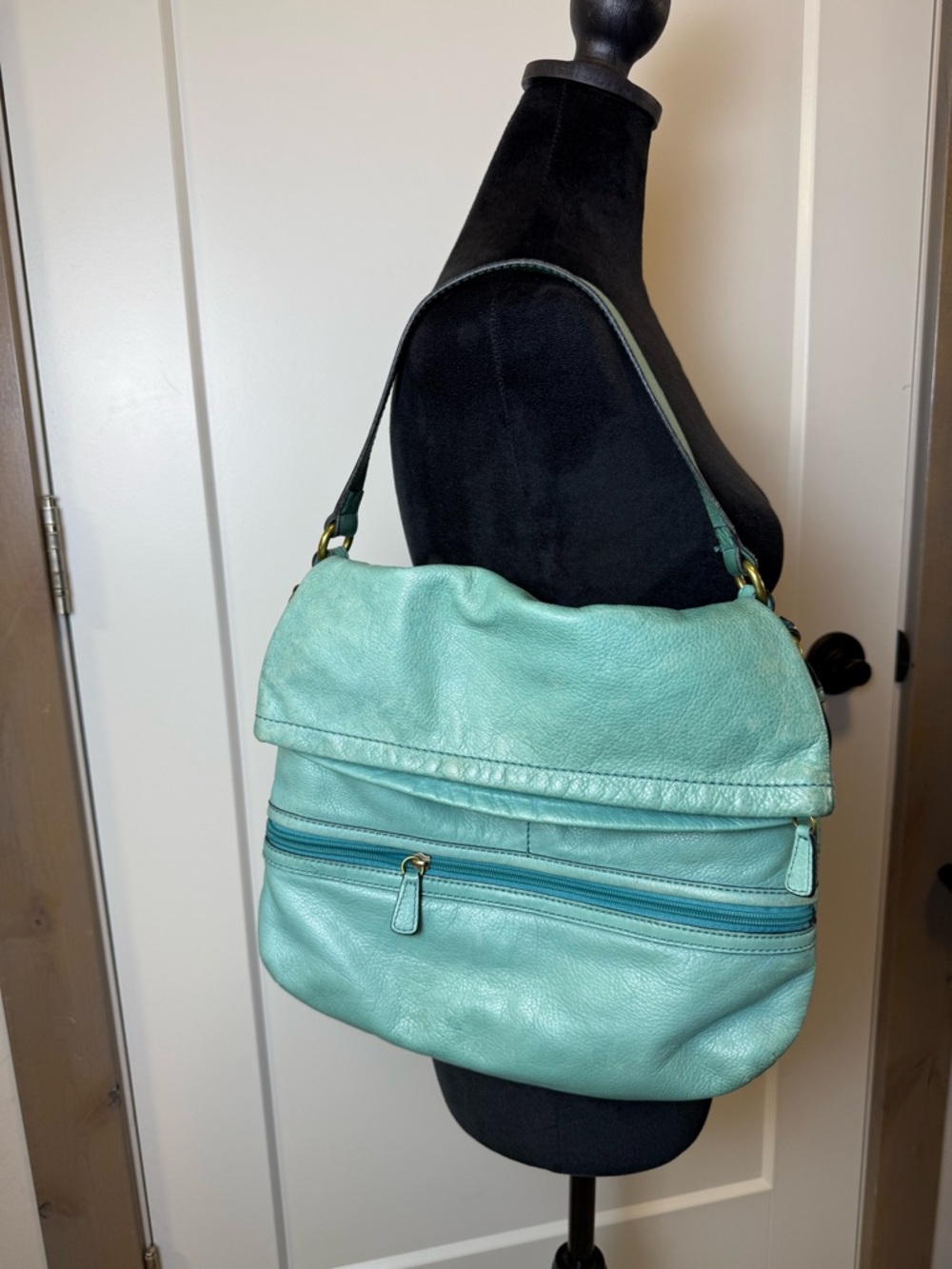 Vintage Fossil Explorer Fold-Over Leather Shoulder Bag Purse Aqua Teal Brass